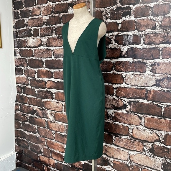 Simple Retro Dress Womens Large Green V-Neck Midi Sleeveless Open Back - Picture 6 of 17